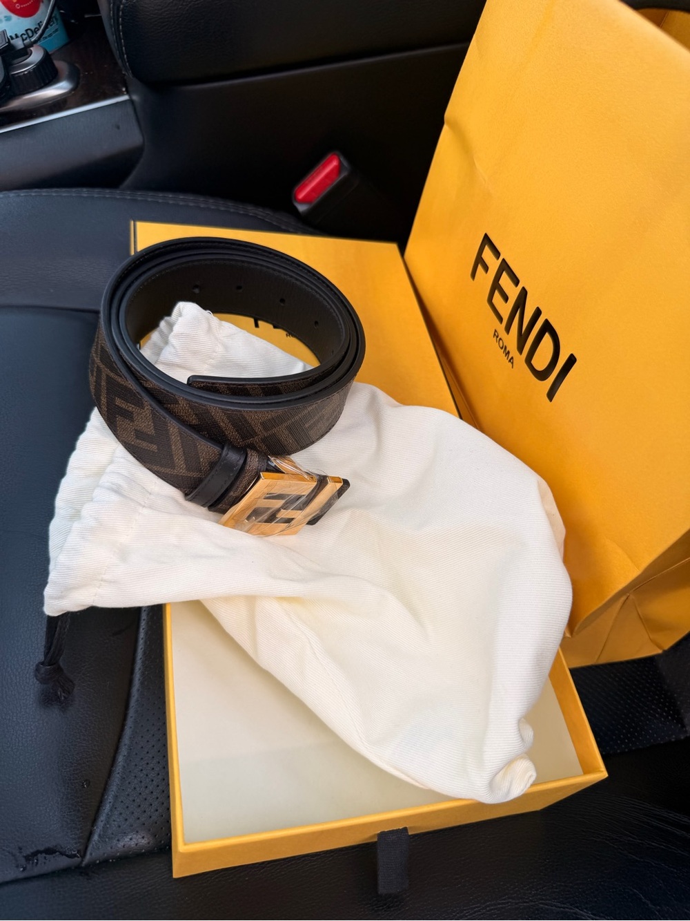 Fendi Brown FF Logo Leather Belt with Gold-Tone Buckle